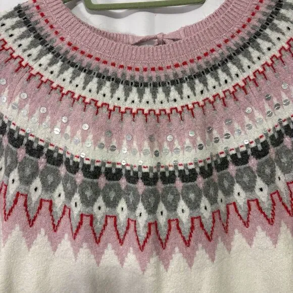 Talbots Icicle Fair Isle Sweater Cream Pink Bow Back Sequin Size XL Winter - Picture 5 of 11